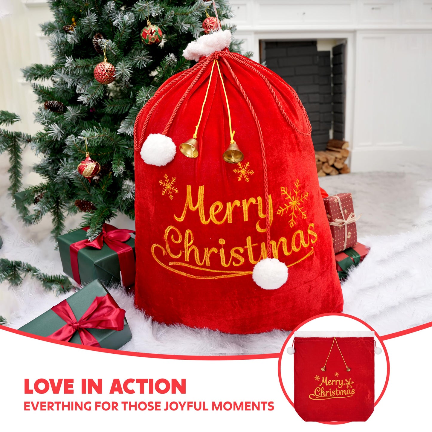 JOYIN present Bag 31" x 27", Santa Sack with Cord Drawstring for Indoor Xmas Give Decoration, present Décor, Giant Presents Gifts Wrap