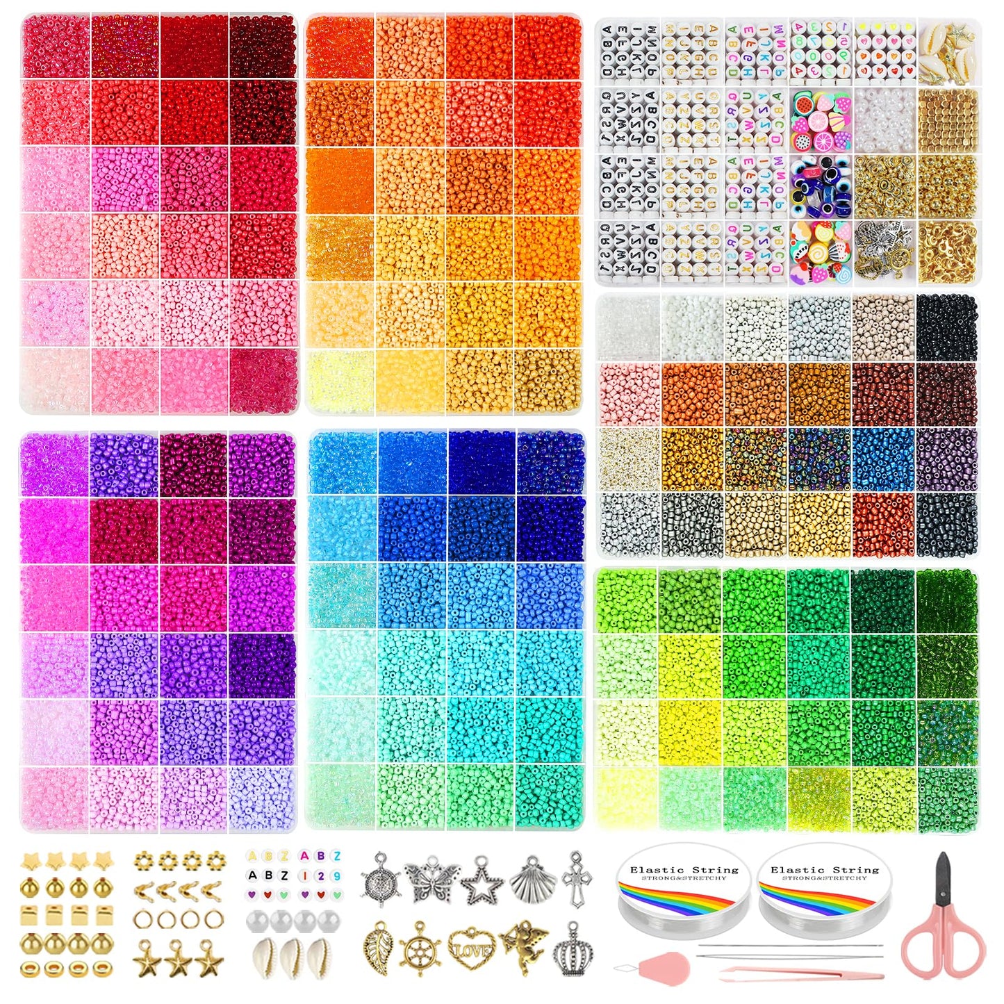 Redtwo 45000 Pcs 3mm Glass Seed Beads Kit, 7 Boxes 144 Colors Small Beads for Bracelets, Friendship Bracelet Kit with Charms and Letters, DIY Art Craft Girls Gifts