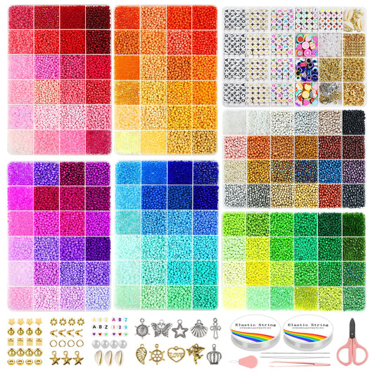 Redtwo 45000 Pcs 3mm Glass Seed Beads Kit, 7 Boxes 144 Colors Small Beads for Bracelets, Friendship Bracelet Kit with Charms and Letters, DIY Art Craft Girls Gifts