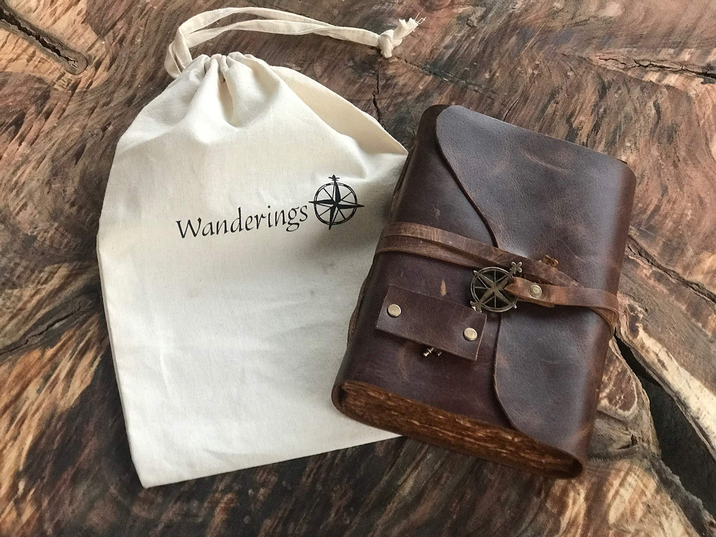 Wanderings Vintage Leather Journal - 4" x 6" - Small Antique Hand-Crafted Leather with Bound Old Fashioned Deckle Edge Paper - Perfect for Writing Shadows Journal a Grimoire Sketching