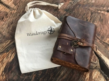 Wanderings Vintage Leather Journal - 4" x 6" - Small Antique Hand-Crafted Leather with Bound Old Fashioned Deckle Edge Paper - Perfect for Writing Shadows Journal a Grimoire Sketching