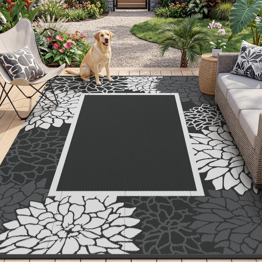 RESARE-Outdoor Rug-Patio Rug 5x8 ft RV Camping Floral Waterproof Mat Portable Outdoor Area Carpet for Deck Porch Picnic Balcony Backyard Beach Rugs Reversible Non Fading Black & White