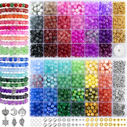 Zefy 48 Colors 8mm Glass Beads Bracelet Making Kit, 1556pcs Ink Patterns Crystal Beads for Jewelry Making and DIY Crafts, Round Beads for Friendship Bracelets with Spacer Beads and Charms
