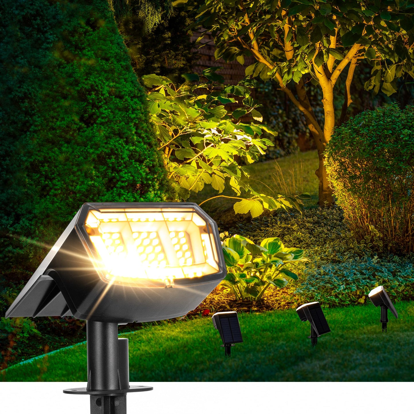 AUDERWIN Solar Lights Outdoor Lighting IP65 Waterproof, 63LED Soalr Spotlights, 2 Pack Solar Powered Lights for Outside, Outdoor, Yard, Landscape Lights-Warm Light