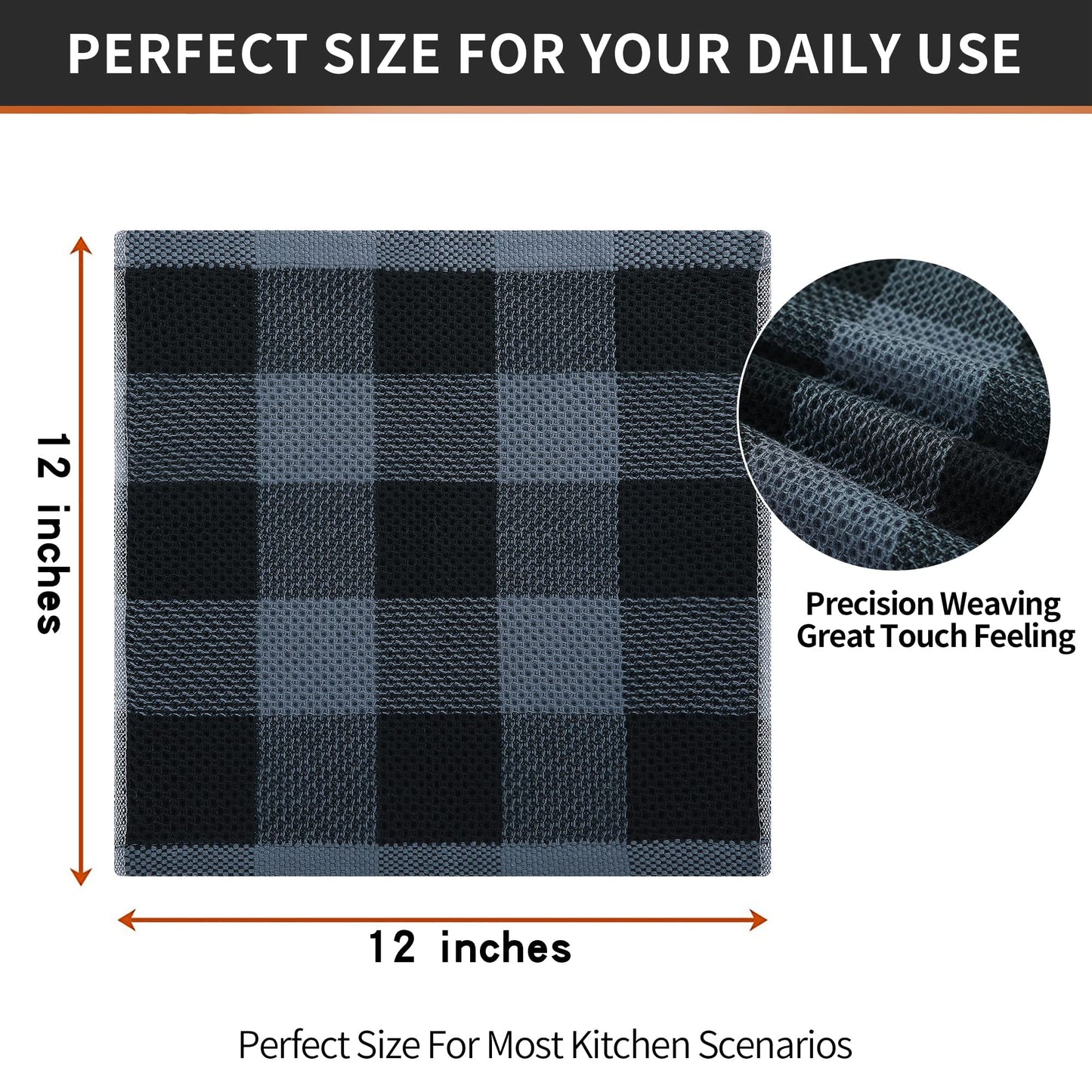 smiry 100% Cotton Kitchen Towels, 12" x 12", 6 Pack Waffle Weave Dish Cloths, Super Soft Dish Towels, Absorbent Quick Drying Tea Towels, Black&Dark Grey