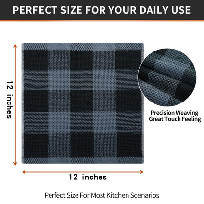smiry 100% Cotton Kitchen Towels, 12" x 12", 6 Pack Waffle Weave Dish Cloths, Super Soft Dish Towels, Absorbent Quick Drying Tea Towels, Black&Dark Grey