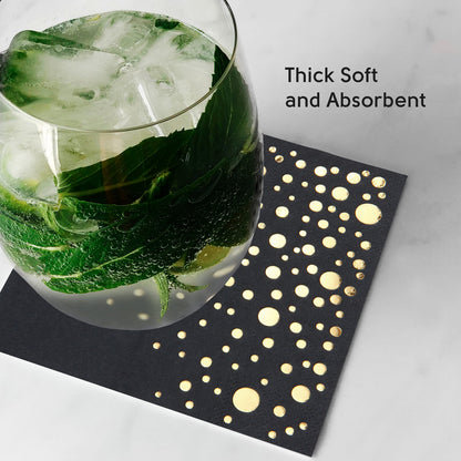 Stylish Black and Gold Napkins - 100 Pack of Disposable 5x5 Inch Black and Gold Cocktail Napkins- Disposable 3-Ply Black Cocktail Napkins for Party - Black Paper Napkins