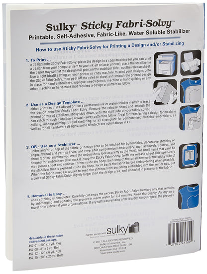 Sulky 8-1/2-Inch by 11-Inch Printable Sticky Fabri-Solvy Stabilizer, 11-Pack
