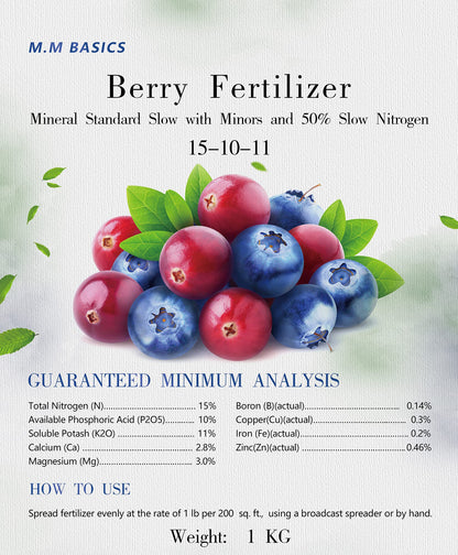 Berry Fertilizer 1 KG, 15-10-11 Mineral Standard Slow with Minors and 50% Slow Nitrogen, (The Professional's Choice) (Berry Fertilizer 1 kg)
