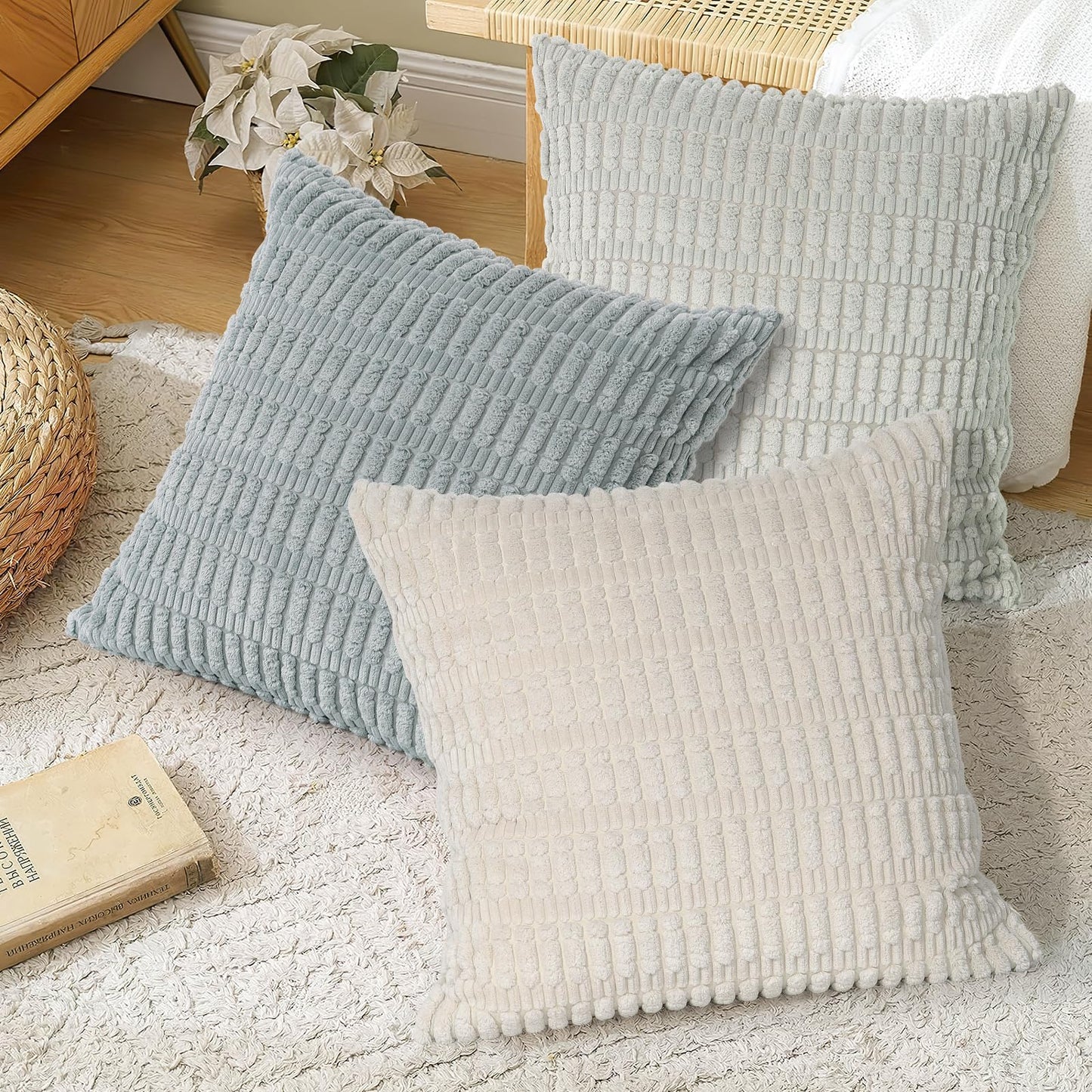 UXORSN Pack of 4 Decorative Throw Pillow Covers 18x18 Inch Soft Plush Corduroy Striped Square Pillowcases Blue Beige Coffee Gray Fluffy Cushion Cases Boho Decor for Farmhouse Living Room Bed Sofa