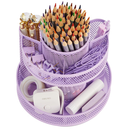 Annova Mesh Desk Organizer Rotate with 6 Compartments Round Spinning Tidy Candy/Pen Holder Desk Accessories Office, Art Supply, Storage, Classroom, Home (Light Purple)