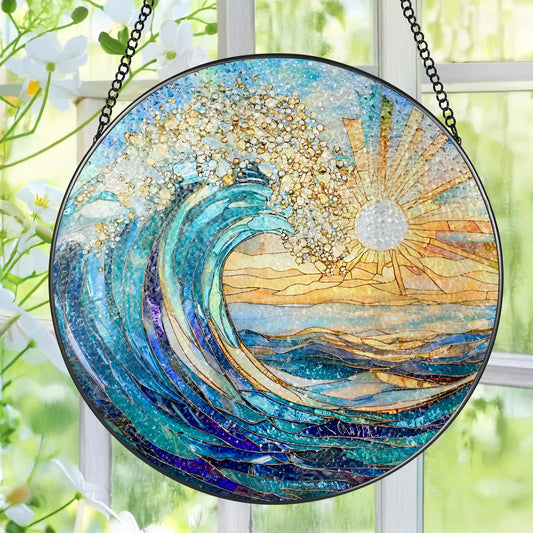 Sea Wave Stained Glass Suncatcher, 8 Inch Ocean Suncatchers for Window Hanging, Beach Lover Gifts, Beach Decor, Coastal Suncatcher, Gifts for Friends, Couples, Family, Colleagues