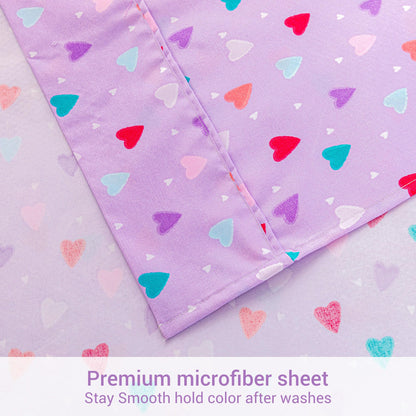 Viviland Kids Twin Sheet Set - Girls Purple Twin Sheet Set - Kids Toddlers Twin Microfiber Single Fitted Sheets and Pillowcase - Colorful Hearts Printed