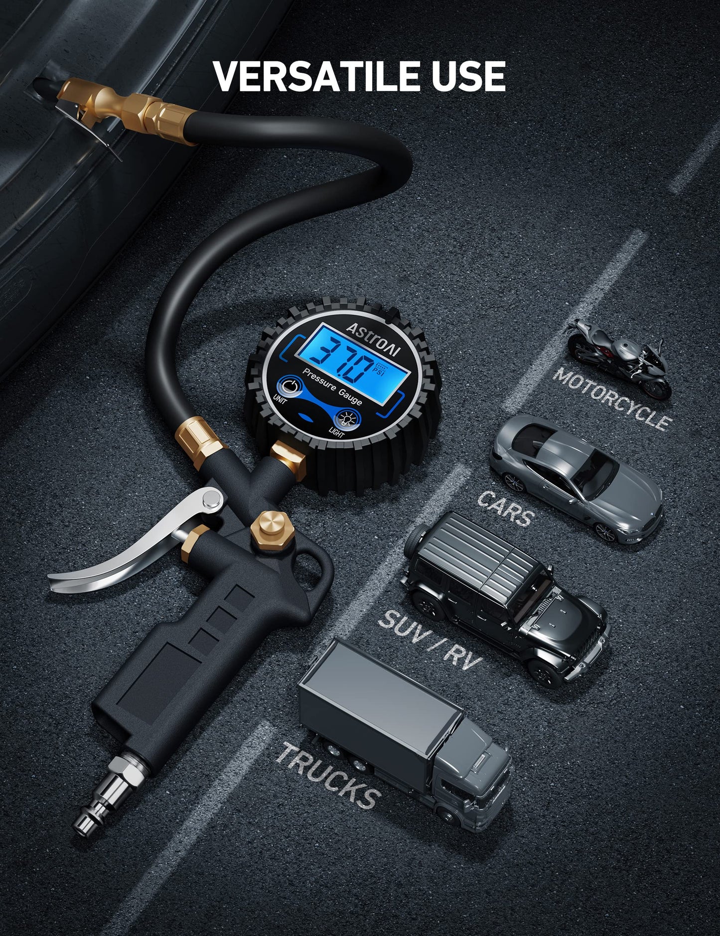 AstroAI Digital Tire Inflator with Pressure Gauge 3-250 PSI, Industrial Tire Pressure Gauge, Heavy Duty Air Compressor Accessories with Air Chuck for Car, SUV, Truck, Motorcycle, Standard 250PSI