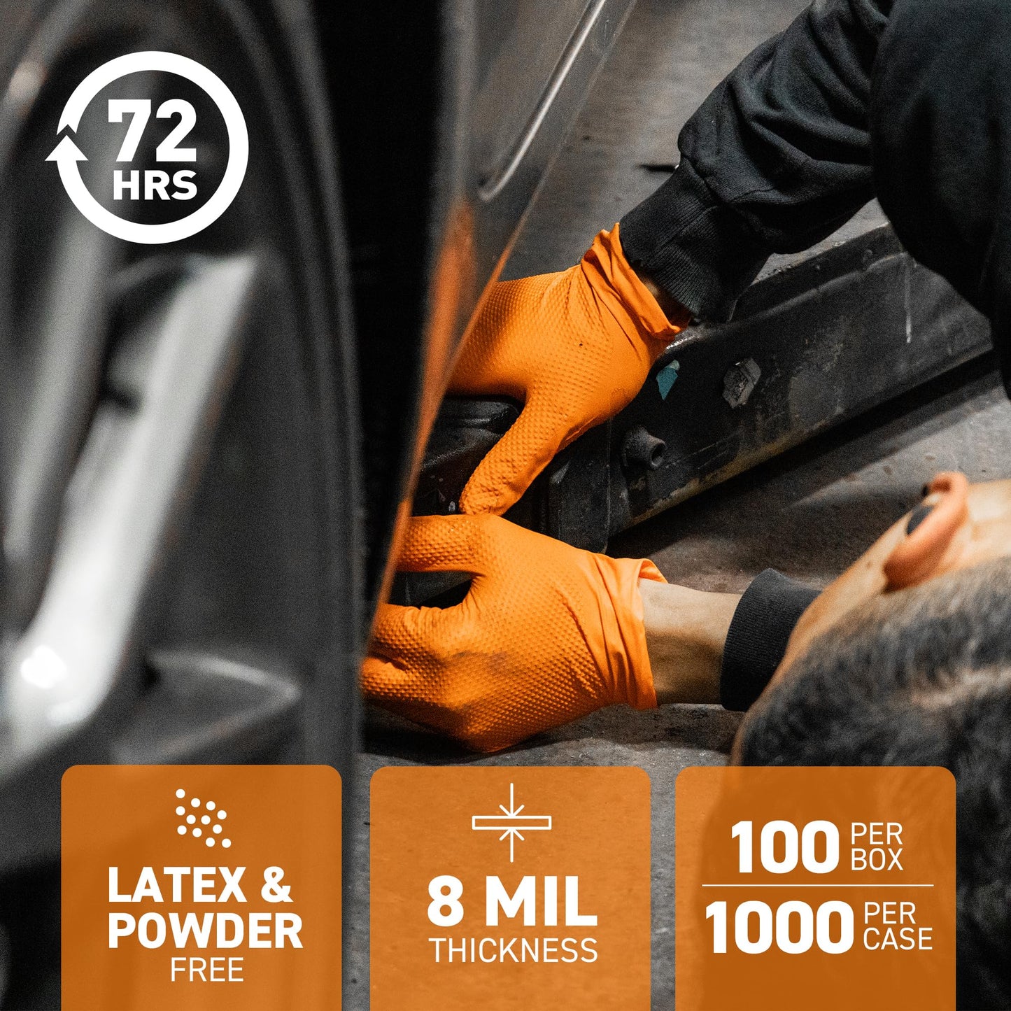 72HRS Industrial Grade Nitrile Gloves - Mechanic Gloves, 8 Mil Nitrile Gloves, Nitrile Gloves, Auto Mechanic Gloves, Rubber Mechanic Gloves, Disposable Gloves, Orange Shop Gloves (100 Pieces, Large)