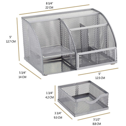 Annova Mesh Desk Organizer Office with 7 Compartments + Drawer/Desk Tidy Candy/Pen Holder/Multifunctional Organizer (silver)