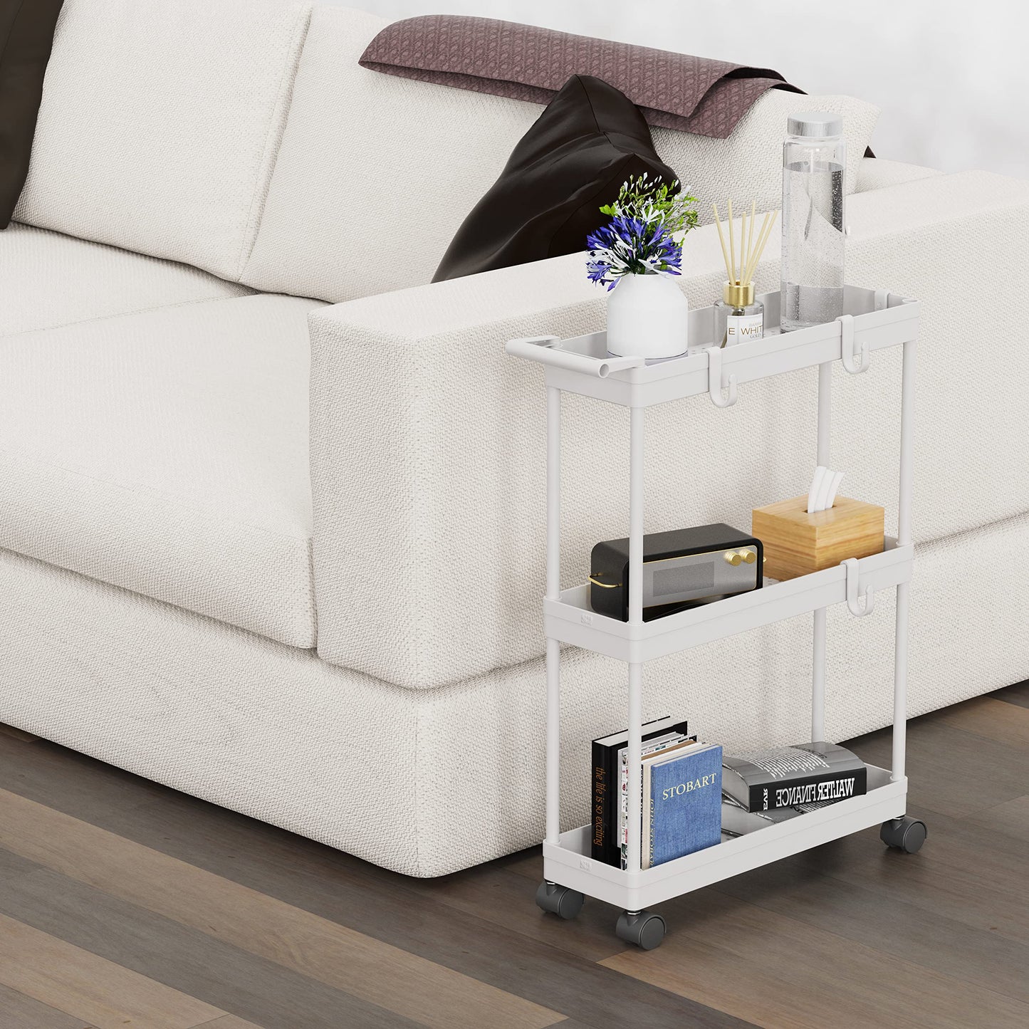 Simple Houseware 3-Tier Slim Rolling Cart with Handle and Hooks for Narrow Storage Places in Bathroom, Laundry and Kitchen, White