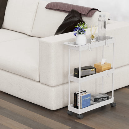 Simple Houseware 3-Tier Slim Rolling Cart with Handle and Hooks for Narrow Storage Places in Bathroom, Laundry and Kitchen, White