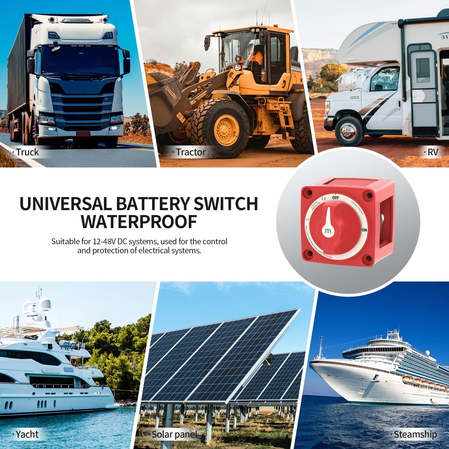 RVMARINEPAT Boat Battery Disconnect Switch Waterproof 12V 48V Battery Shut Off Switch ON/Off 300A Heavy Duty & Ignition Protected Power Kill Switch for Marine Car RV Truck