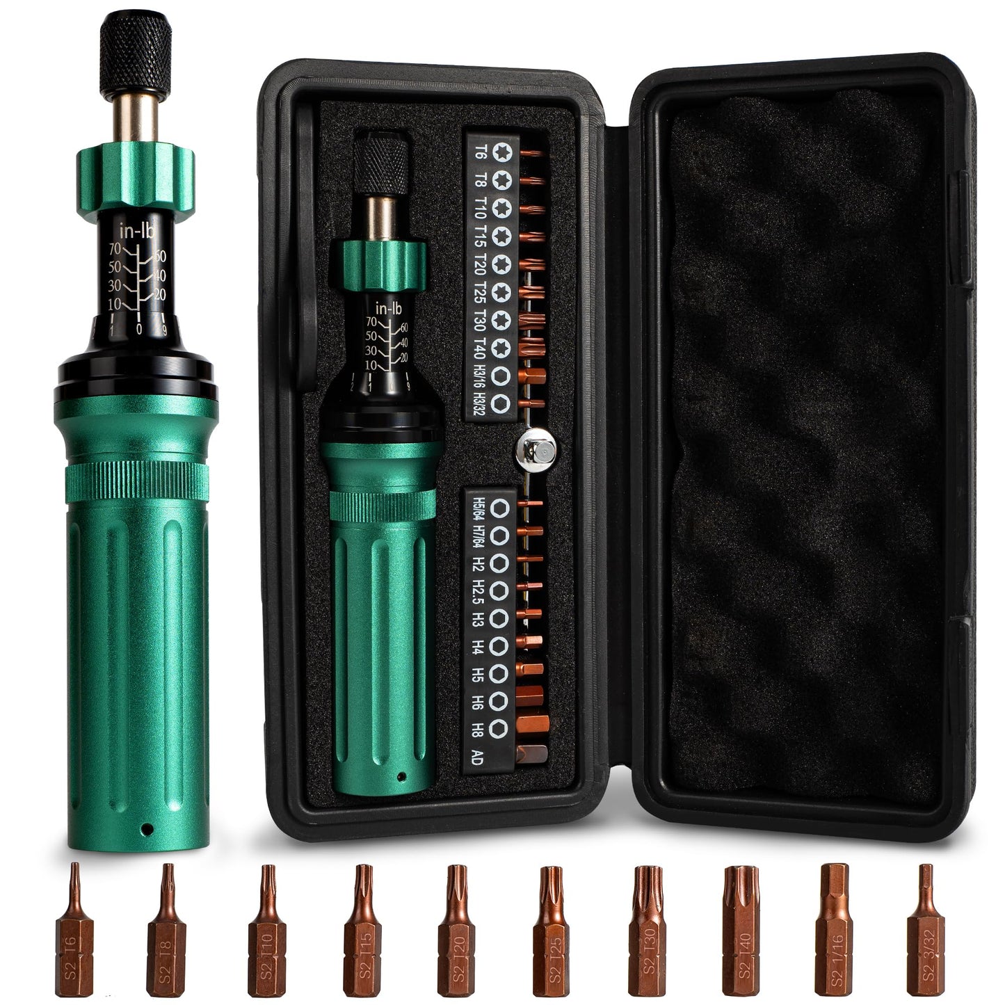 UUT Wrench scewdriver, Torque Screwdriver, Preset Adjustable Click Torque Screwdriver, Inch Pound Precision Screwdriver Set with S2 Bits, Storage Case, 1/4 Inch Drive, 10–70 in.lb.