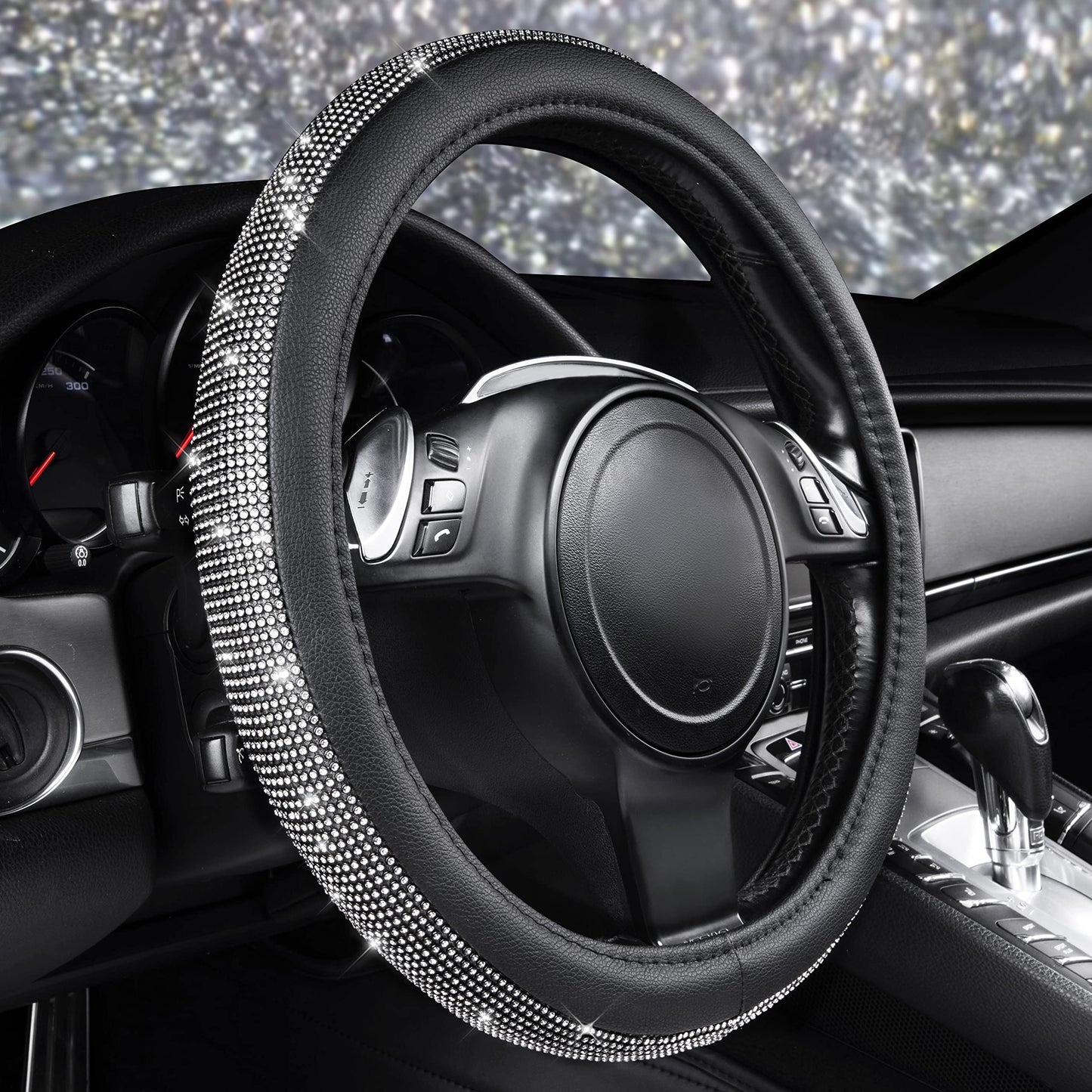 CAR PASS Diamond Black Leather Steering Wheel Cover, with Bling Crystal Rhinestones Universal Fit 14" 1/2-15" Crystal Glitter for Women Sparkle Girl Fit Suvs,Vans,Sedans,Cars,Trucks, White Diamond