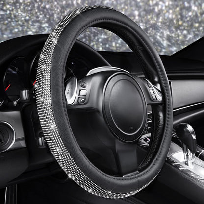 CAR PASS Diamond Black Leather Steering Wheel Cover, with Bling Crystal Rhinestones Universal Fit 14" 1/2-15" Crystal Glitter for Women Sparkle Girl Fit Suvs,Vans,Sedans,Cars,Trucks, White Diamond