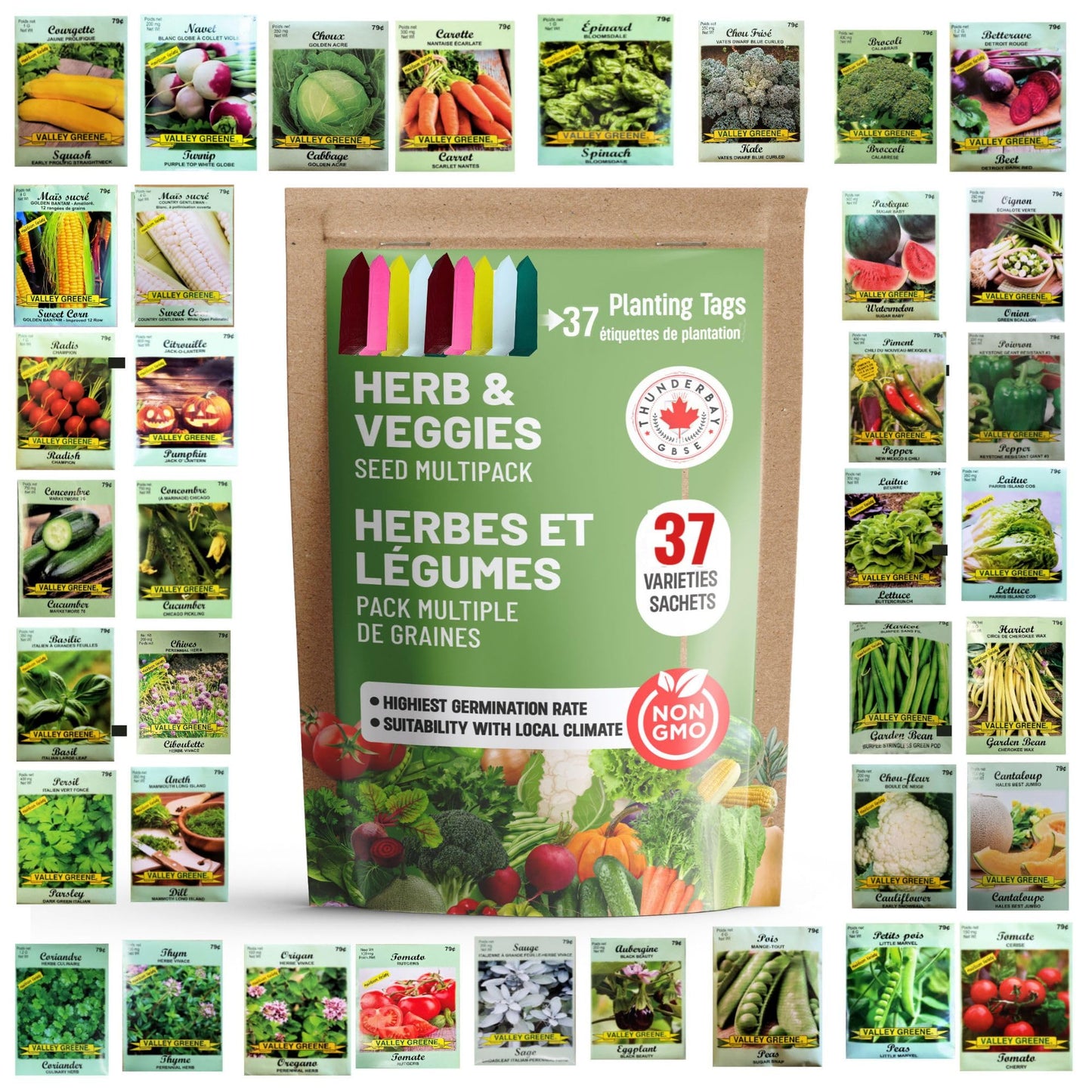 THUNDERBAY-GBSE Vegetable & Herb Seed Variety Pack of 37 Heirloom Sachets Approx. 5200 Seeds(100% Non GMO,37 Individually Packed Sachets, 37 Planting Tags) 37 sachets d'herbes et de légumes