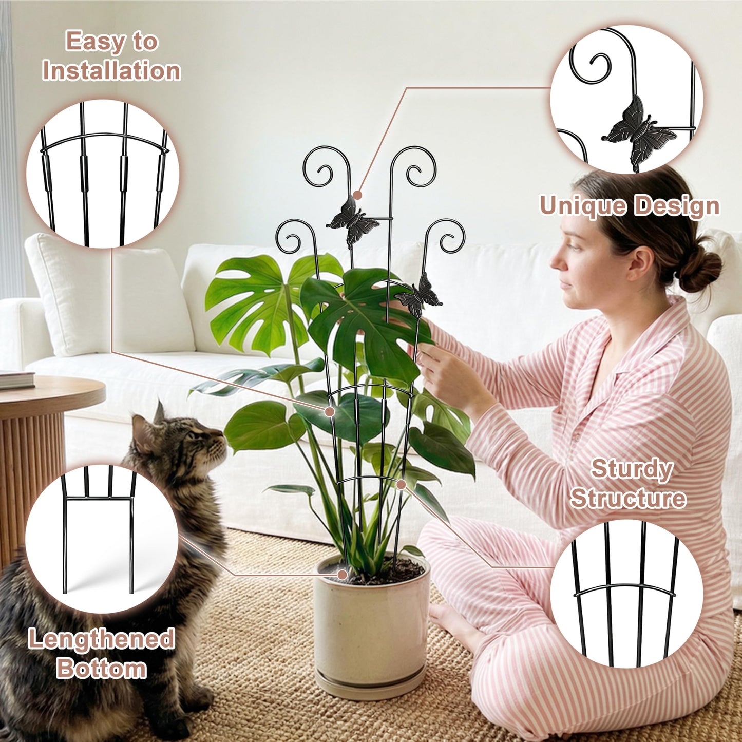 COVERTIFY Stackable Monstera Plant Support with Crafted Butterflies - 16"/32" Garden Plant Trellis for Climbing Plants Indoor Outdoor, Rustproof Metal Stakes for Pothos Monstera, Set of 2P