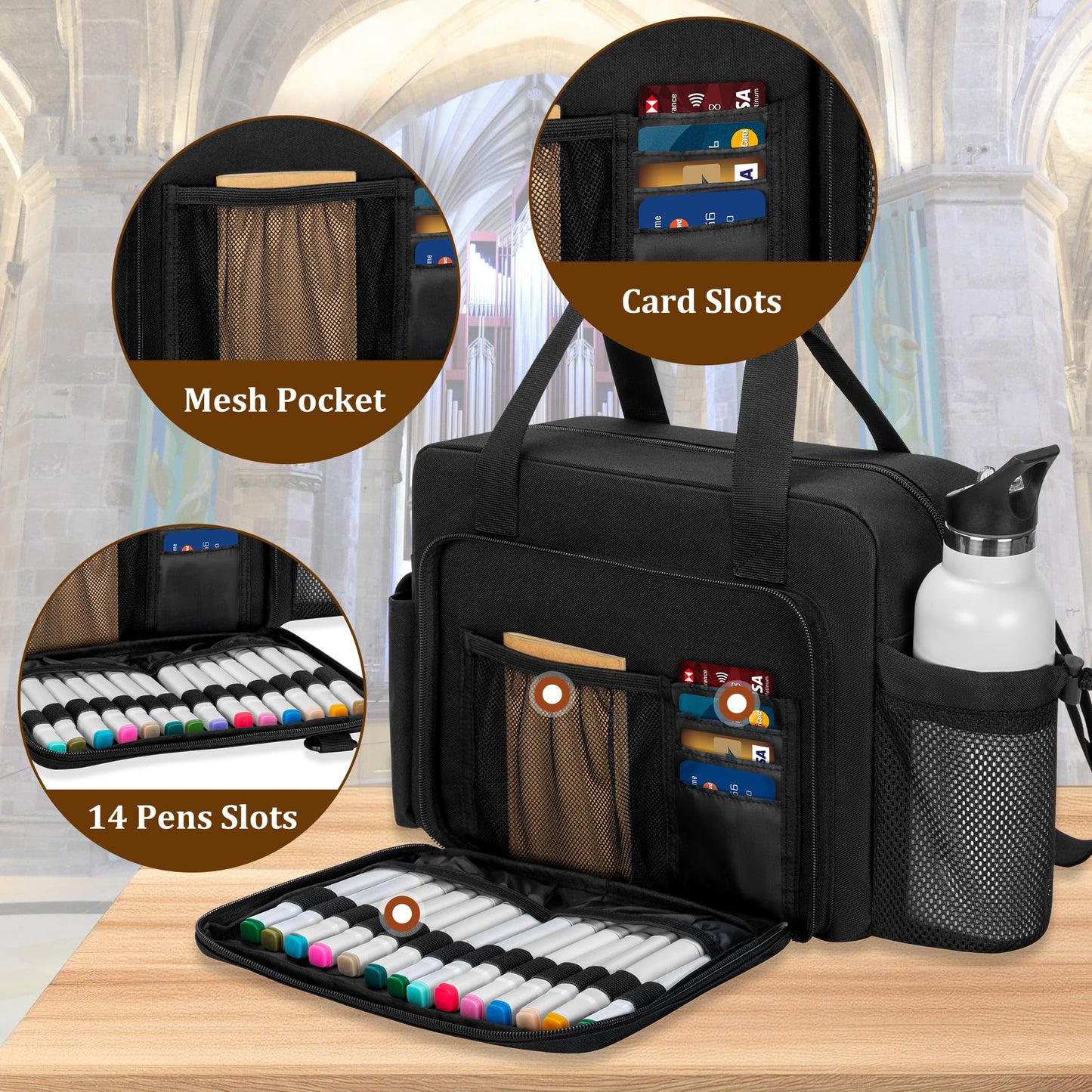 Damero Large Bible Bag for Men, Bible Tote Bag Church Bag with Cup Holder, Cover for Study Supplies, Black