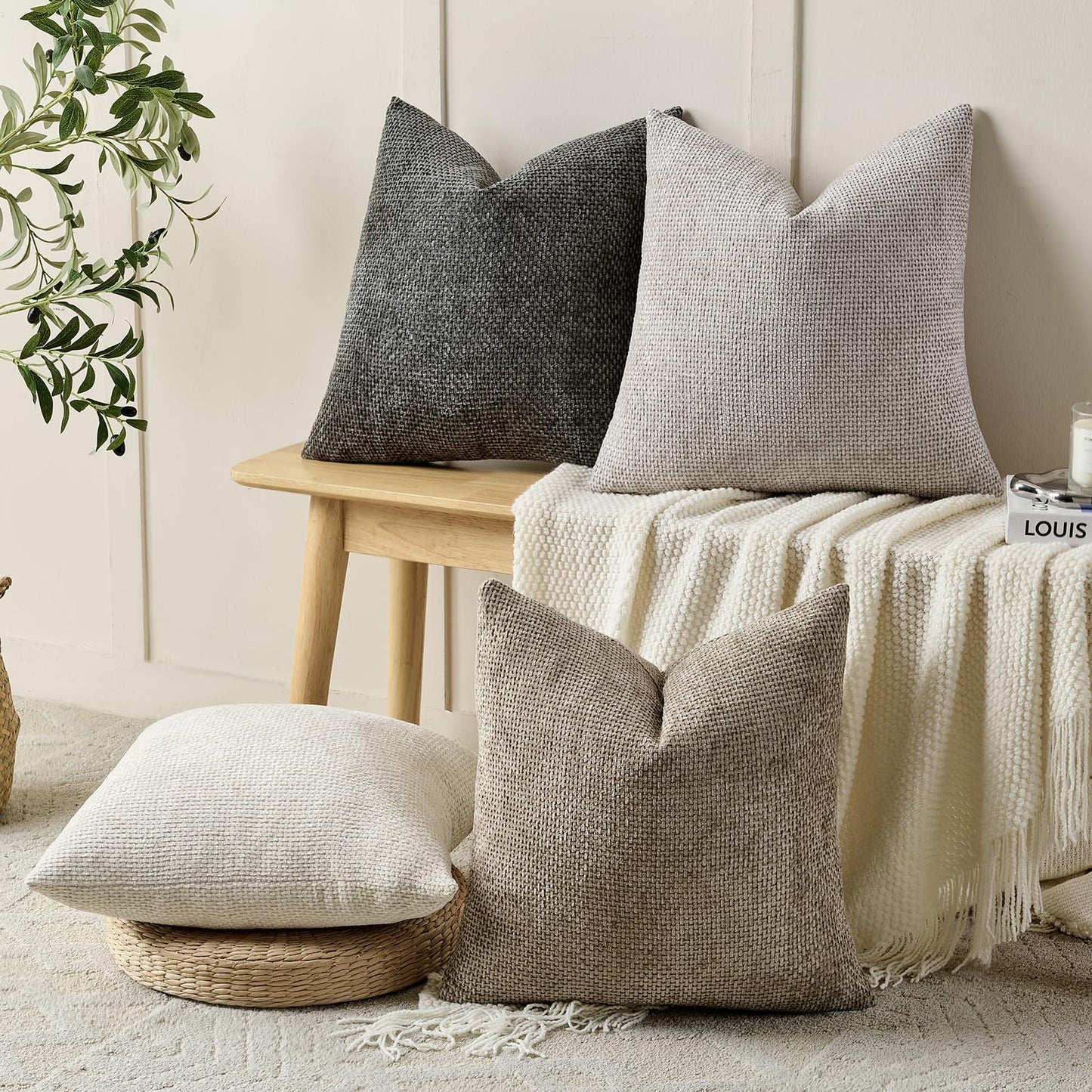 Volcanics Boho Throw Pillow Covers 18x18 Inch Set of 4, Neutral Chenille Decorative Cushion Covers for Couch, Sofa, Bedroom, Living Room, Farmhouse & Mid-Century Modern Home Decor