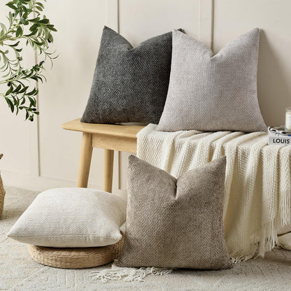 Volcanics Boho Throw Pillow Covers 18x18 Inch Set of 4, Neutral Chenille Decorative Cushion Covers for Couch, Sofa, Bedroom, Living Room, Farmhouse & Mid-Century Modern Home Decor