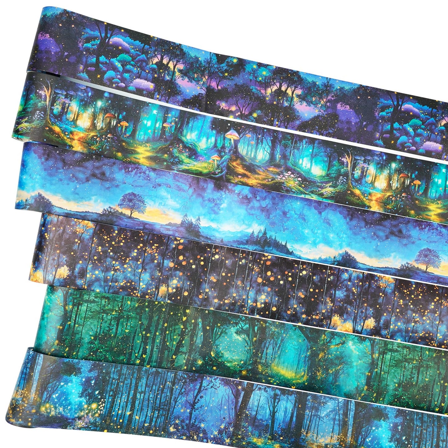 AuriicLeaf Night Forest Seamless Washi Tape Scrapbook Kit – 6 Rolls with Starry Sky, Fairy Woods & Twilight Designs for Journaling, DIY Crafts, Gift Wrapping, Card Making, Decoration, 3.15in Wide