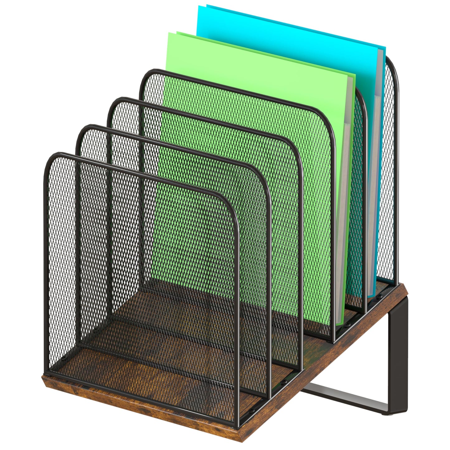 Piskyet Vertical File Organizer, 5-Section Vertical File Folder Holder Stand,Metal Mail Paper Chromebook Organizer for Teacher Desk Office Classroom Desktop Organization（Inclined）