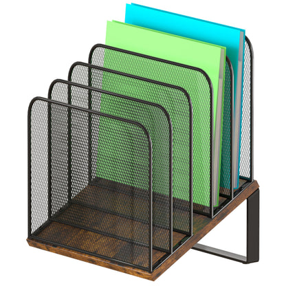 Piskyet Vertical File Organizer, 5-Section Vertical File Folder Holder Stand,Metal Mail Paper Chromebook Organizer for Teacher Desk Office Classroom Desktop Organization（Inclined）