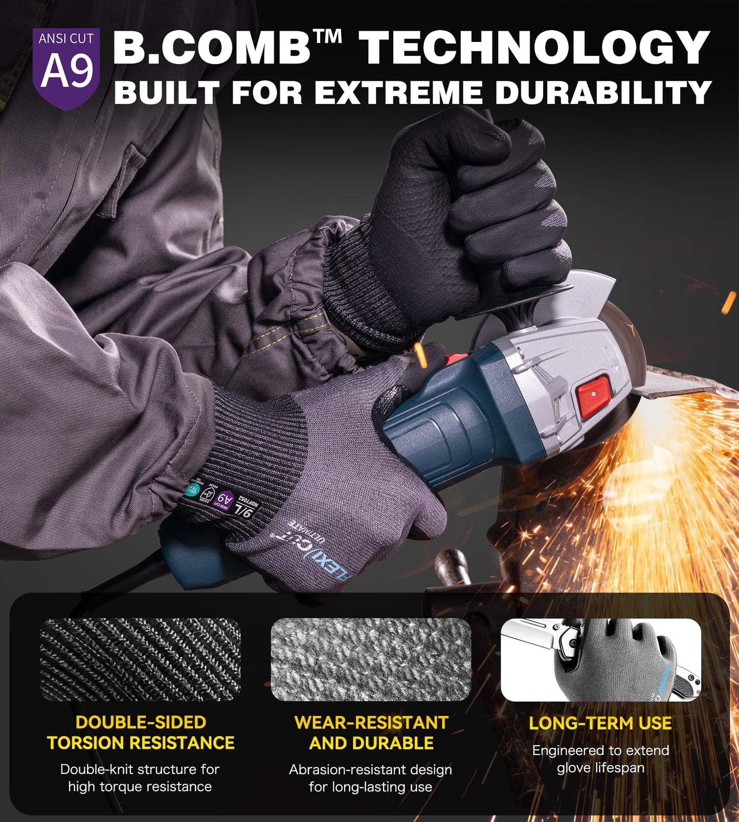 JDL ANSI A9 Cut Resistant Work Gloves, Highest Level Extreme Protection, Cutting Gloves with Reinforced Thumb, Non Slip, Breathable, Durable, Touch-screen, Black, Large