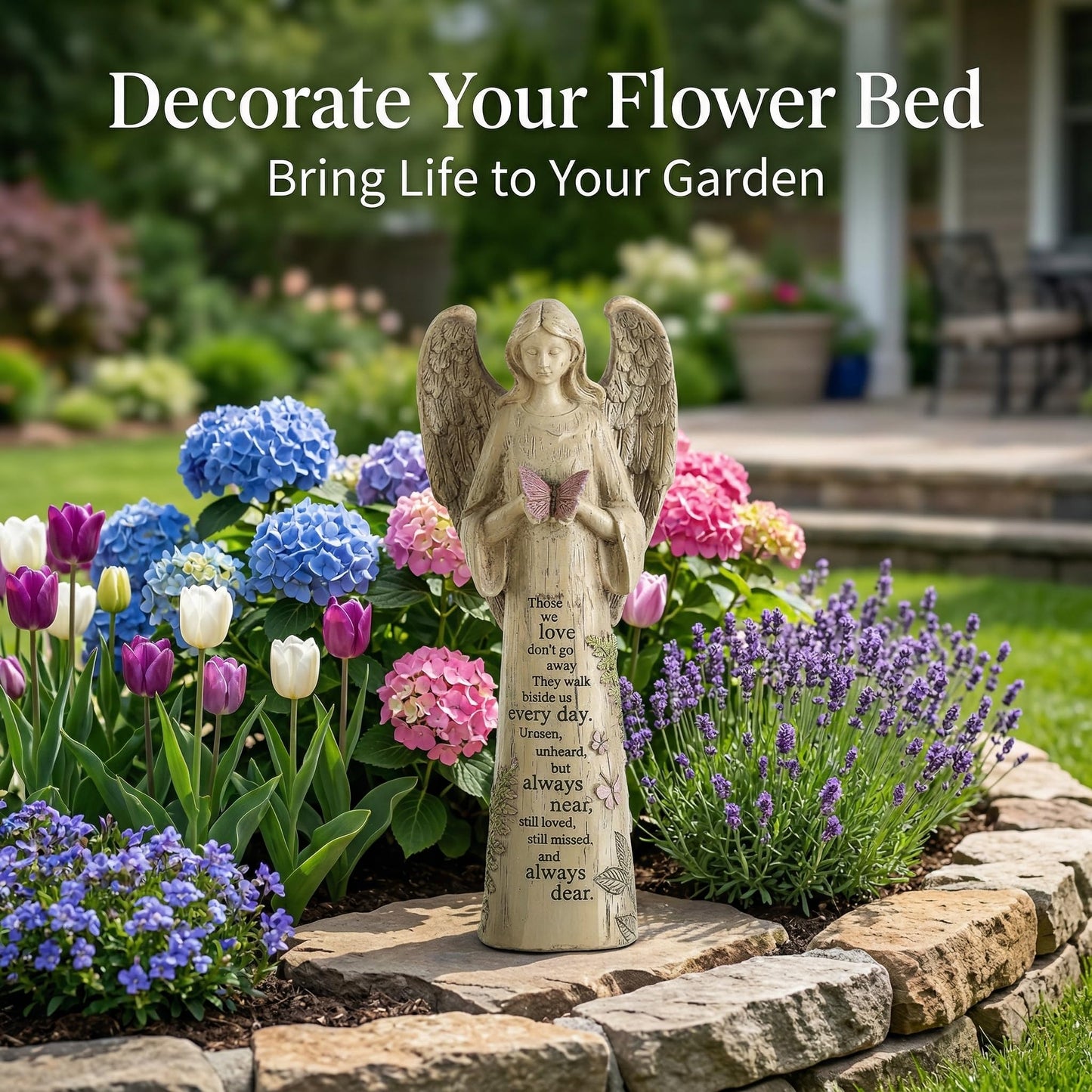 Resin Religious Garden Statue Standing Angel with Butterfly Statuary for Outdoor Decor, Polyresin, Antique Stone,10in