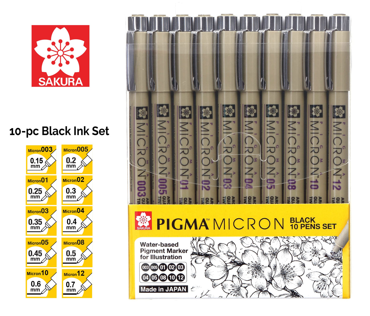 Sakura Micron fineliner pen 10 piece black ink colour artist drawing set