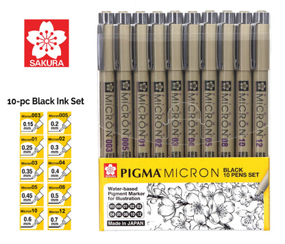 Sakura Micron fineliner pen 10 piece black ink colour artist drawing set
