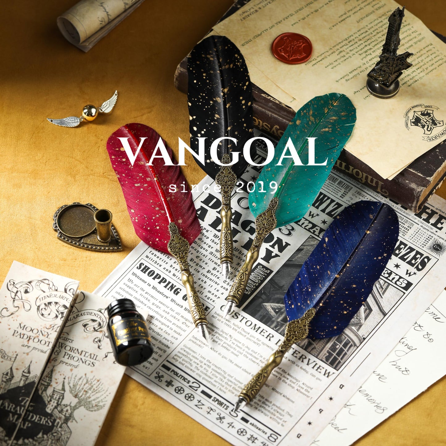 VANGOAL Vintage Carving Feather Pen Set, Glittering Quill Set Antique Calligraphy Writing Dip with Ink, 2 Replacement Nibs, Stand Base, Luxury Signature (Blue)