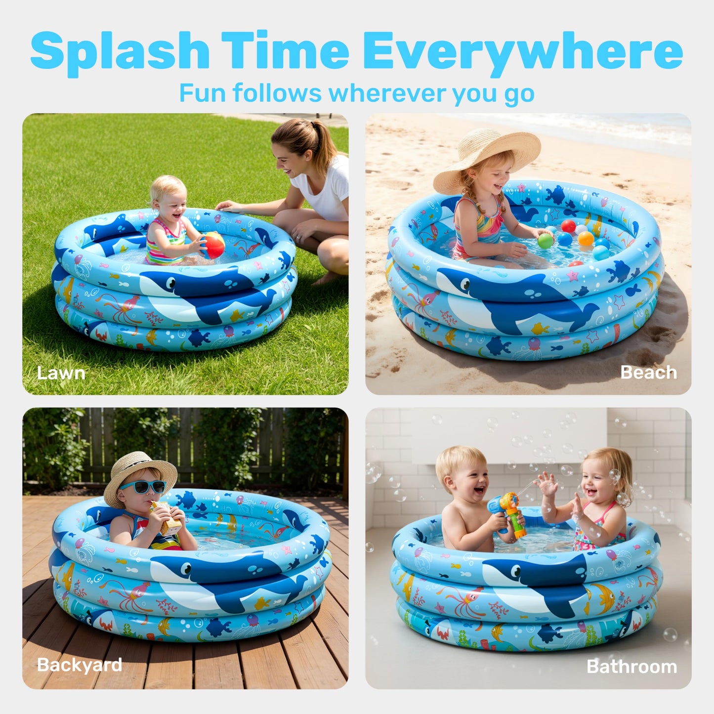 Sloosh Inflatable Kiddie Pool, 34"x10" Blow Up Kids Pool, 3 Rings Blue Baby Pool for Toddler, Kid Swimming Pool Play Pit for Dog with Ocean Whale Pattern for Summer Water Party Backyard Garden(Whale)