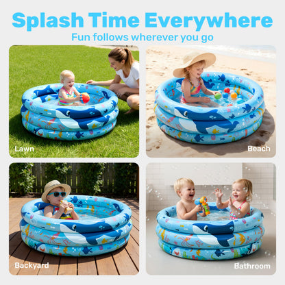 Sloosh Inflatable Kiddie Pool, 34"x10" Blow Up Kids Pool, 3 Rings Blue Baby Pool for Toddler, Kid Swimming Pool Play Pit for Dog with Ocean Whale Pattern for Summer Water Party Backyard Garden(Whale)