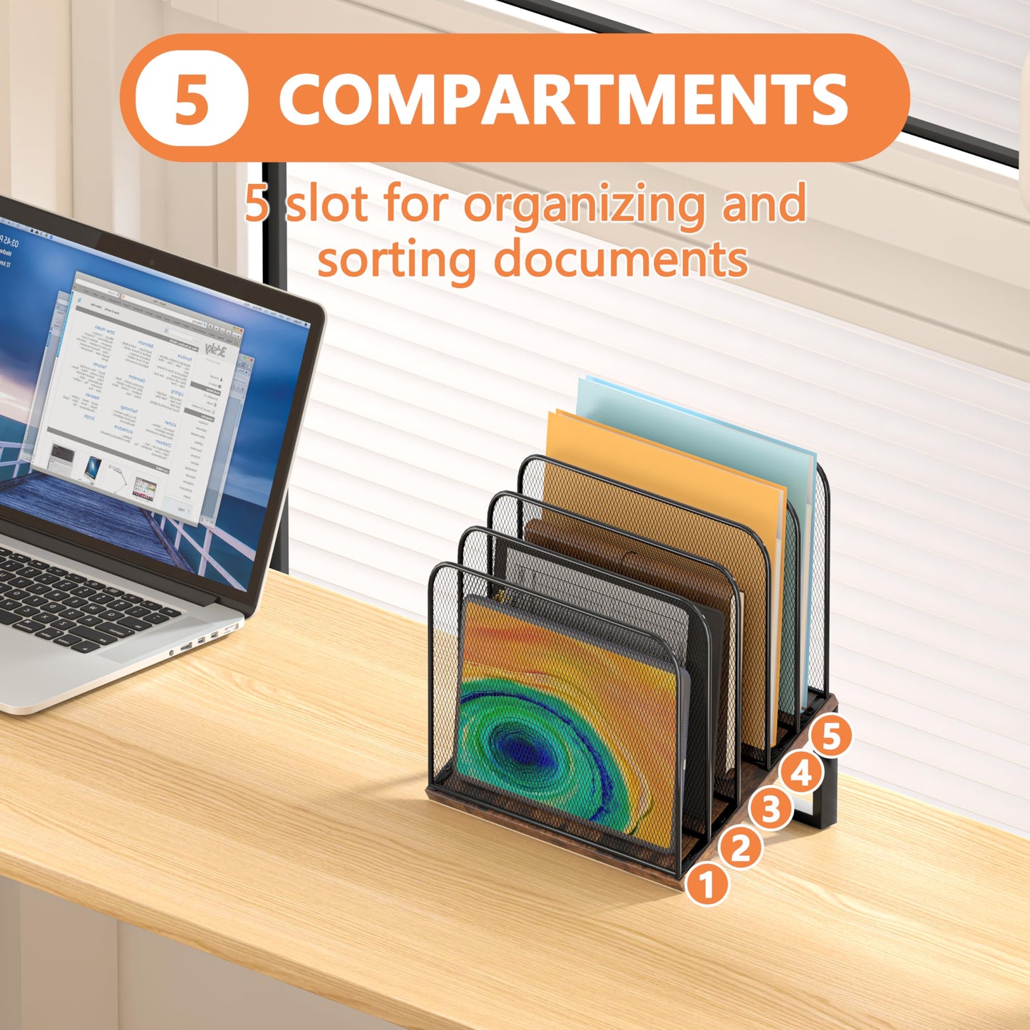Piskyet Vertical File Organizer, 5-Section Vertical File Folder Holder Stand,Metal Mail Paper Chromebook Organizer for Teacher Desk Office Classroom Desktop Organization（Inclined）