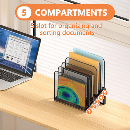 Piskyet Vertical File Organizer, 5-Section Vertical File Folder Holder Stand,Metal Mail Paper Chromebook Organizer for Teacher Desk Office Classroom Desktop Organization（Inclined）