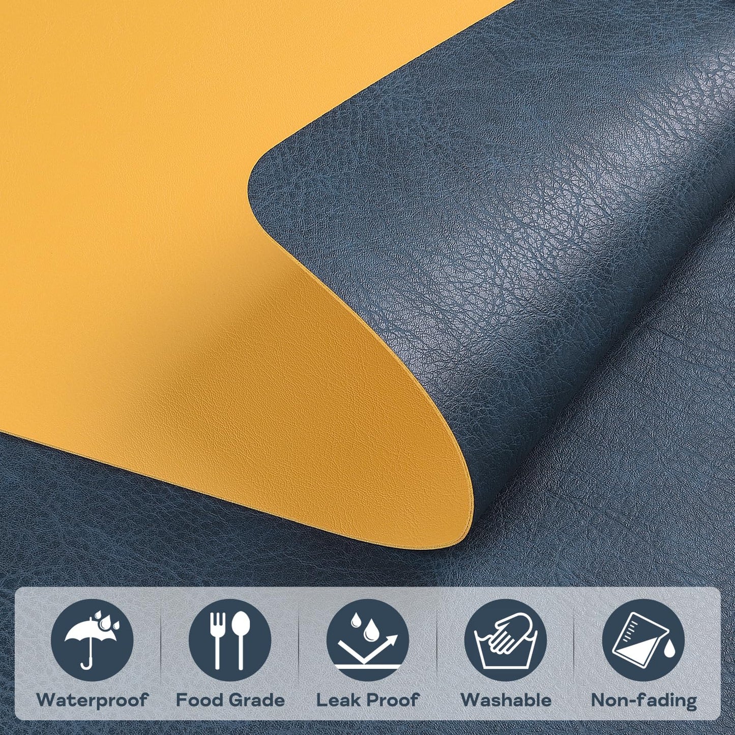 APLKER Leather Placemats Set of 6 Table Mats Heat Resistant Dual Sided Place Mats, Waterproof Wipeable Dining Vinyl Table Mats Set of 6 for Home Party Outdoor,16.9 x 11.8 inch - Navy/Yellow