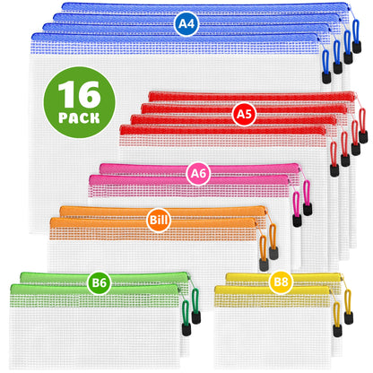 16 Pack Assorted Sizes Plastic Mesh Zipper Pouches Set for Storage Document Bags with Zippers