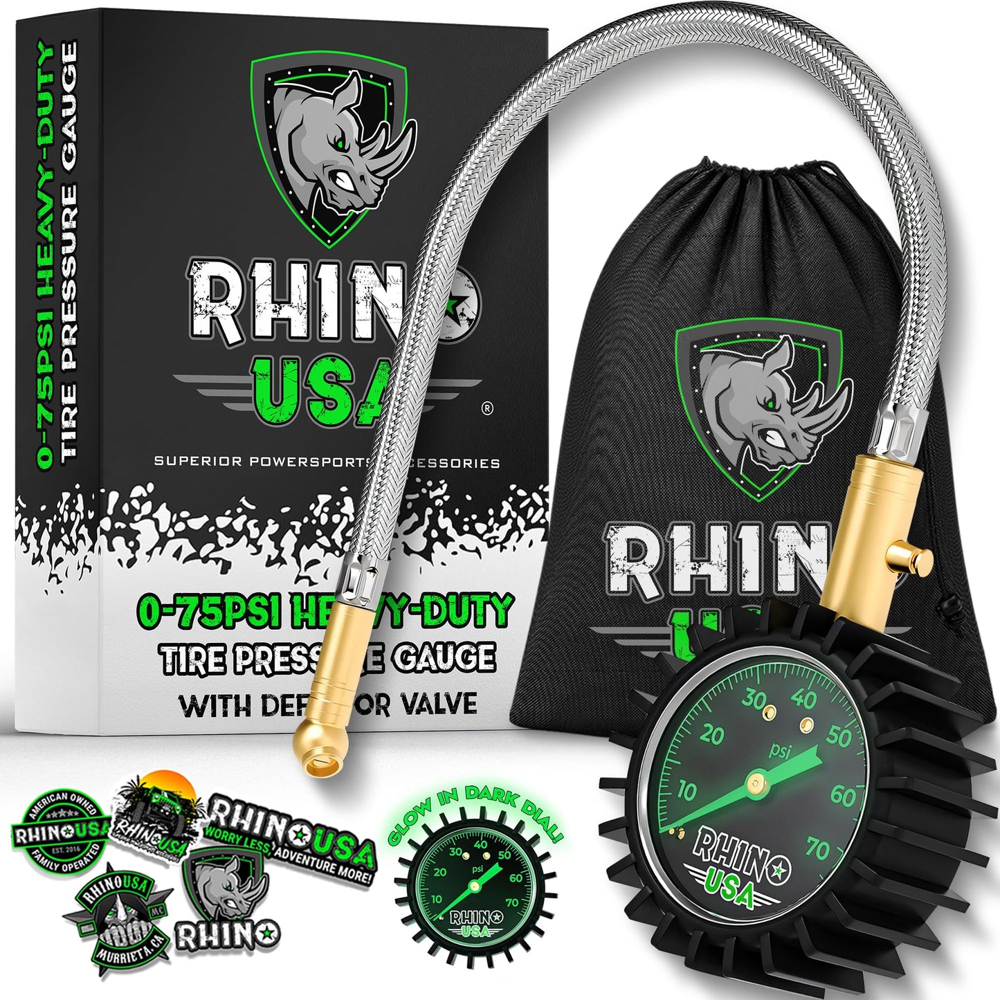 Rhino USA Heavy Duty Tire Pressure Gauge - Certified ANSI B40.1 Accurate, Large 2" Easy Read Glow Dial, Solid Brass Hardware, Best Any Car, Truck, Motorcycle, RV (75psi w/Hose)