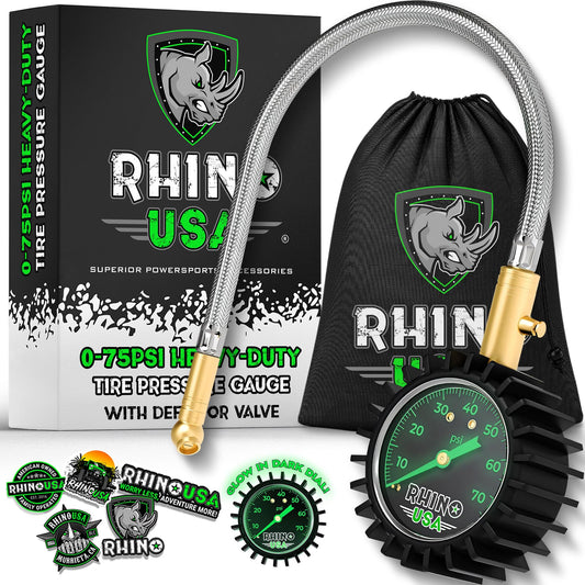 Rhino USA Heavy Duty Tire Pressure Gauge - Certified ANSI B40.1 Accurate, Large 2" Easy Read Glow Dial, Solid Brass Hardware, Best Any Car, Truck, Motorcycle, RV (75psi w/Hose)