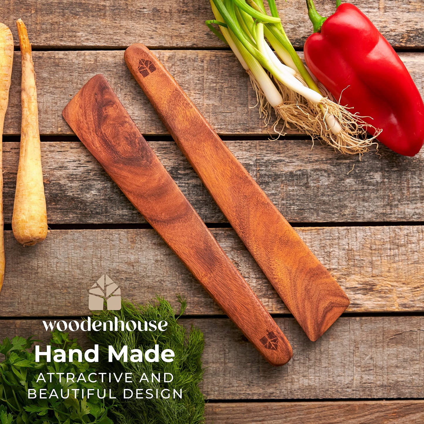 12″ Teak Wooden Spatula for Cast Iron, Small Wood Flipper, Egg Scraper, Flat Wooden Turner, Multipurpose Wood Cooking Utensil, Spatulas Perfect for Flipping, Serving, Scraping & Turning - Set of 2