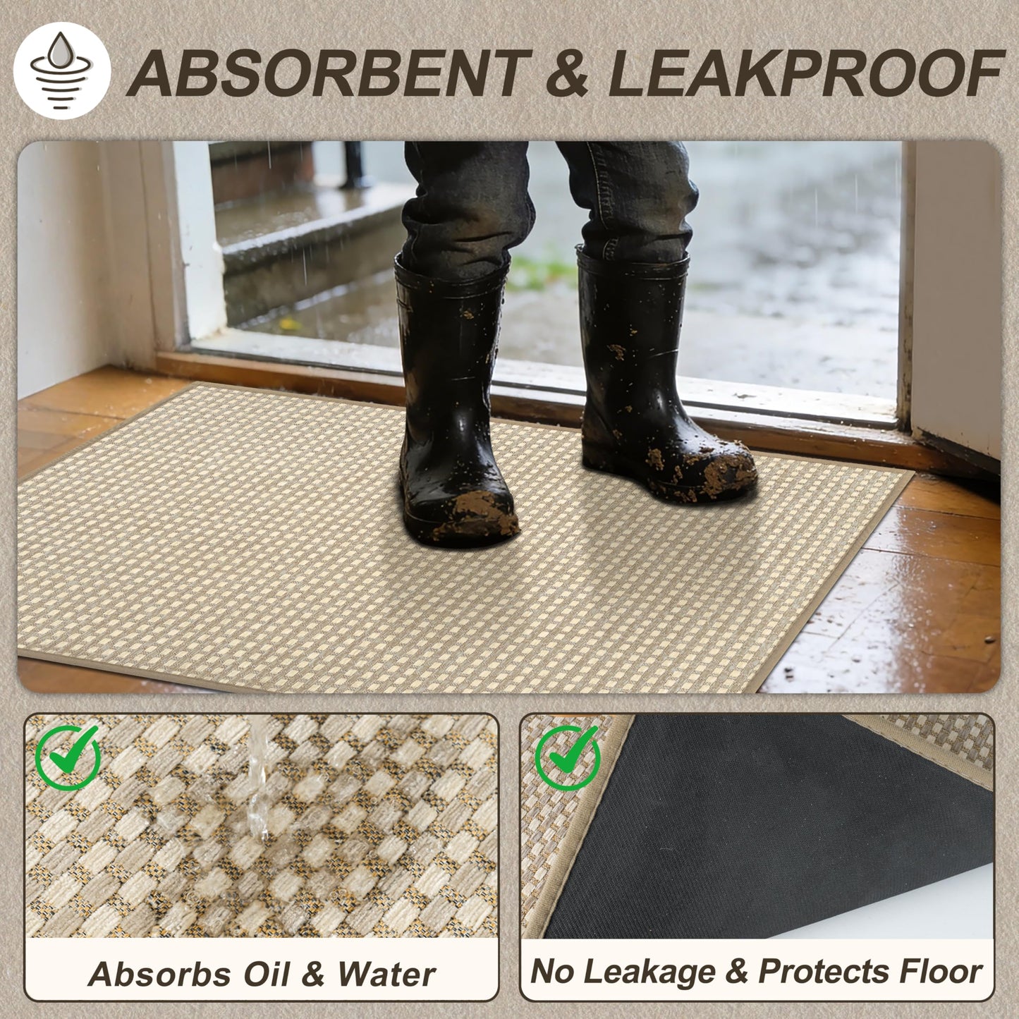 VSIWB Door Mat Entrance 24"x35",Front Door Mat Indoor Outdoor Mat Non-Slip Dirt Resistant and Absorbent Rubber Backing Floor Mats，Washable Entrance Mat Low-Profile Welcome Mat, Brown