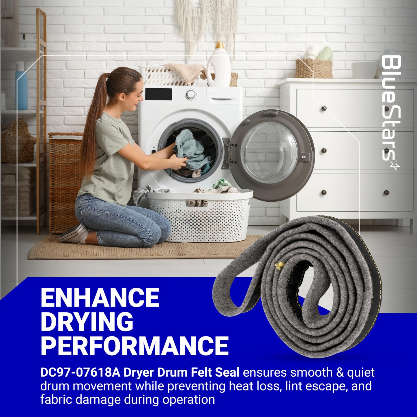 BlueStars DC97-07618A Dryer Drum Felt Seal - Compatible with Samsung DV42H5200EW DV42H5000EW DV45K6500EV DV48H7400EW DV42H5200EP/A3 DV50K8600EV/A3 DV52J8700GP/A2 Replace AP4453798 3998155 PS4218879